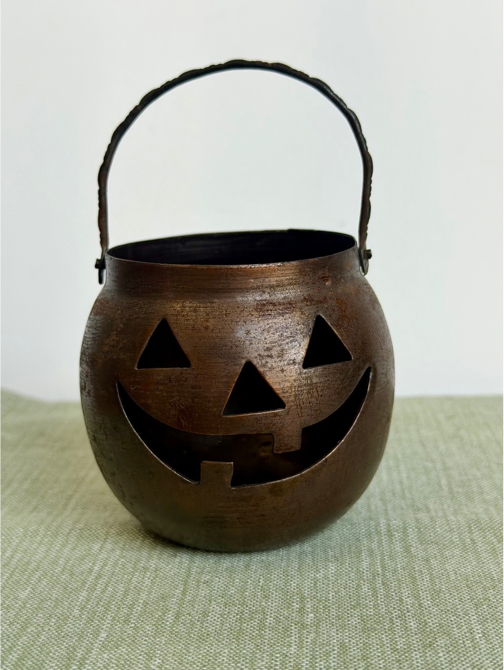 Vintage Husley USA Jack O Lantern Metal Halloween Bucket Pumpkin Candle Holder